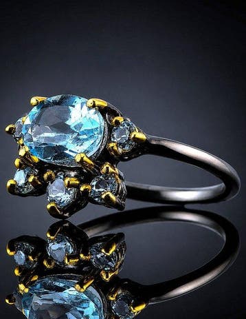 Blauwe Topaas Ring - 925 Sterling Zilver - Zwarte Rhodium