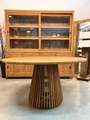 Ronde eetkamertafel met unieke poot massief teakhout, Nieuw, Ophalen of Verzenden, Vier personen, 100 tot 150 cm