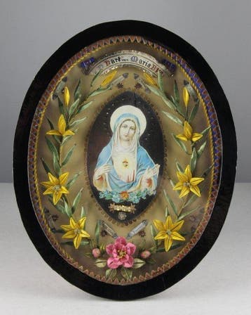 Relikwie - Glas, Zijde - 1937 - Sacred Heart of Mary, Antiek en Kunst