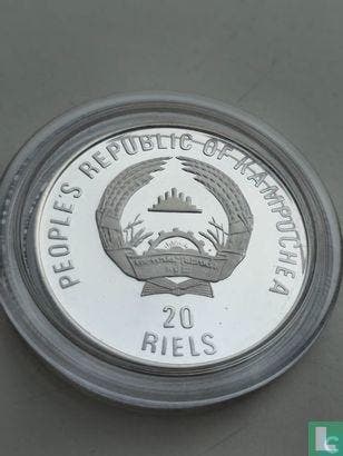 Cambodja 20 riel 1989 (PROOF) 1990 Football World Cup in..., Postzegels en Munten, Munten | Azië, Losse munt, Goud, Zilver, Verzenden