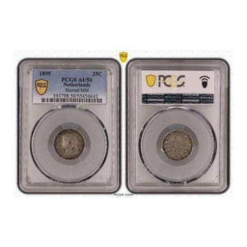 Nederland. Wilhelmina. 25 Cent 1895 schuin mmt ZELDZAAM in