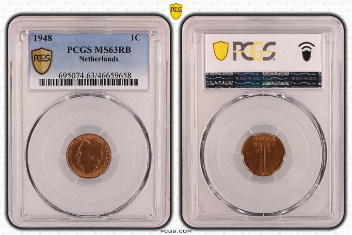 Koningin Wilhelmina 1 cent 1948 MS63 RB PCGS gecertificeerd, Postzegels en Munten, Munten | Nederland, Losse munt, 1 cent, Koningin Wilhelmina