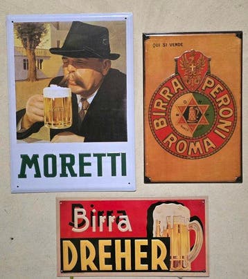 Birra Moretti, Peroni, Dreher - Reclamebord (3) - Metaal
