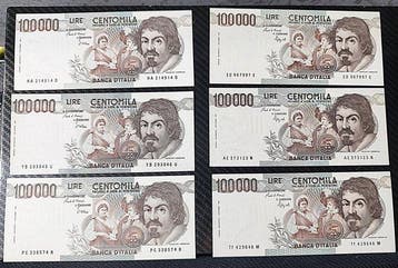 Italië. - 6 x 100.000 Lire Caravaggio I tipo. Serie