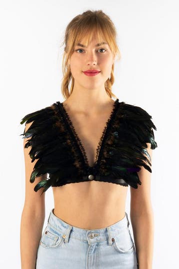 KIMU® Top met Veren Zwart Kant XS S M Verentop Steampunk Top, Ophalen of Verzenden, Nieuw, Carnaval, Kleding