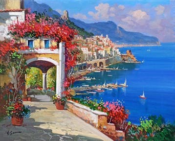 Vincenzo Somma (1955) - Flowery view on Amalfi seaside