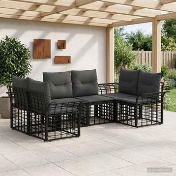 vidaXL Buiten bankenset 6 pcs Zwart en Donkergrijs Polyester, Tuin en Terras, Tuinsets en Loungesets, Verzenden, Nieuw, Rotan