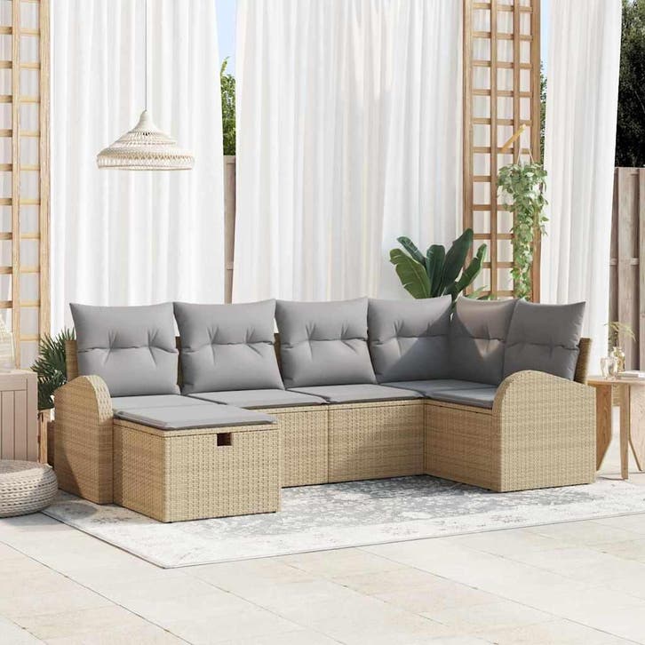 vidaXL Tuin Sofa Set met kussen met opslag 6 pcs Beige Poly, Tuin en Terras, Tuinsets en Loungesets, Nieuw, Rotan, Verzenden