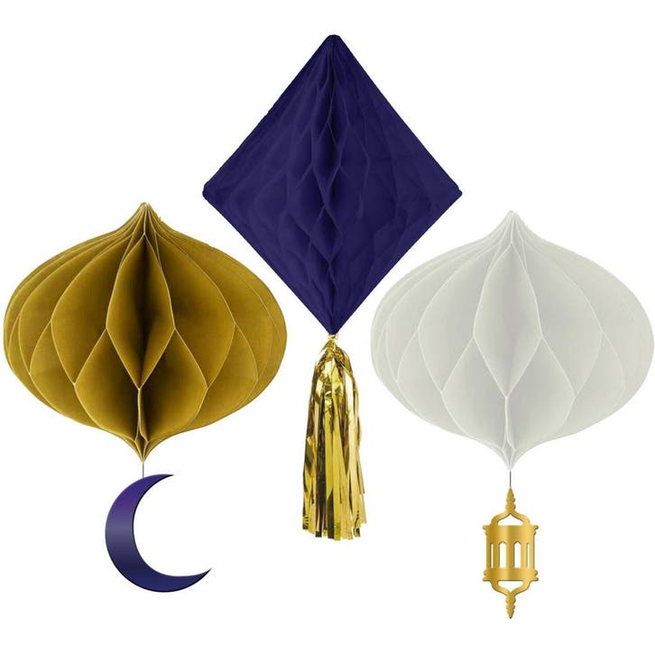 Honeycomb Set Ramadan Goud/Blauw/Wit (3st), Hobby en Vrije tijd, Feestartikelen, Nieuw, Ophalen of Verzenden