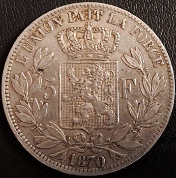 België. Leopold II. 5 Francs petite tête 1870 Position A