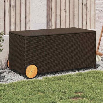 vidaXL Tuinbox met wielen 190 L poly rattan bruin, Verzenden, Nieuw