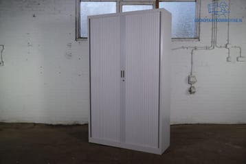 Tweedehands roldeurkast grijs 199x120x42 cm 4 legborden PVC, Gebruikt, 100 tot 150 cm, Verzenden, 150 tot 200 cm