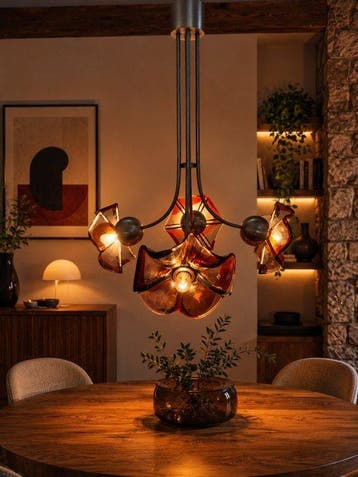 Plafondlamp - Glas, Metaal - 4 bloemvormige lichtpunten