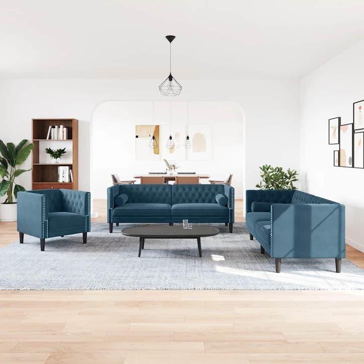 vidaXL 3-delige Loungeset Chesterfield met bolsters fluweel, Huis en Inrichting, Banken | Bankstellen, Nieuw, Stof, Vierpersoons of meer