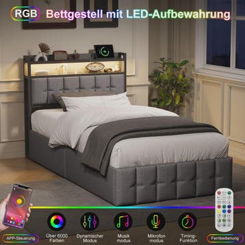 Modern Eenpersoons Bed 90x200cm met LED, USB en Opbergruimte, Verzenden, Nieuw