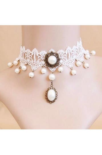 KIMU® Ketting Choker Wit Kant Lolita Witte Kanten Collar Lin, Kunststof, Verstelbaar, Wit, Nieuw