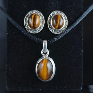 Zilver - 2-delige sieradenset - Tijgeroog MOED