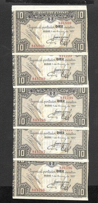 Spanje. - 5 x 10 Pesetas - 1937- Consecutive (Zonder
