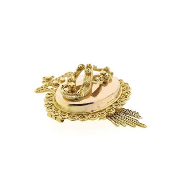 Antieke bicolor gouden broche van een mutsenbel, Sieraden, Tassen en Uiterlijk, Broches, Ophalen of Verzenden, Gebruikt, Goud