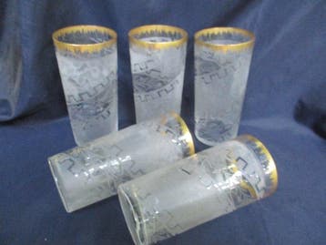 Baccarat attribution - Bokaal - Lot 5 Glazen geëtst met zuur, Antiek en Kunst, Antiek | Glas en Kristal