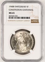 Zwitserland, Bern 5 Francs 1948 - NGC MS65
