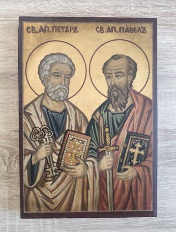 Icoon - Heilige Petrus en Paulus, handgeschilderde houten, Antiek en Kunst, Antiek | Boeken en Bijbels