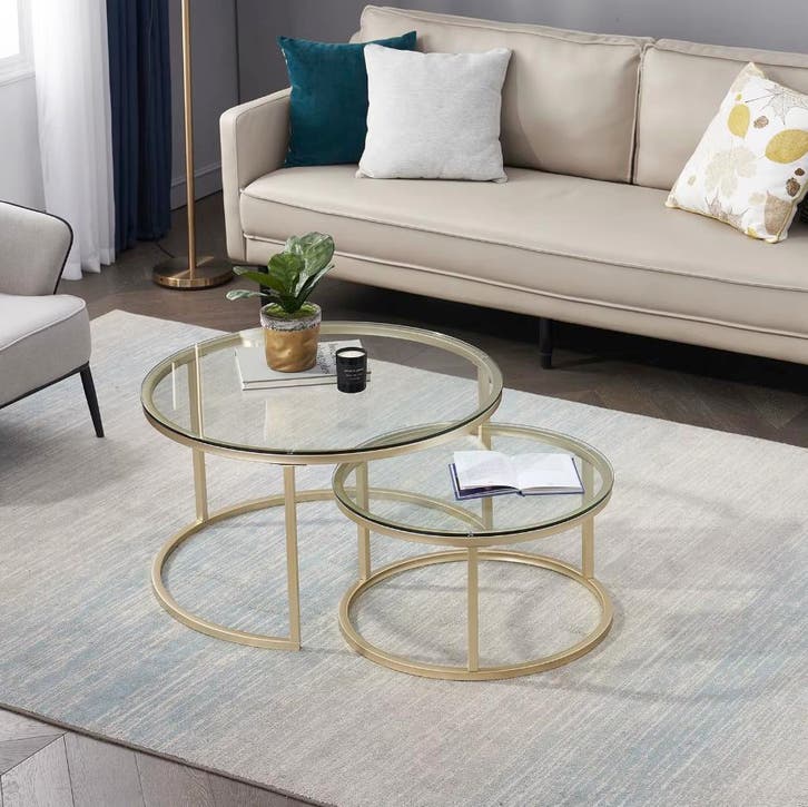 2-in-1 Ronde Glazen Salontafel Set – Goud – 80cm of 60cm, Huis en Inrichting, Tafels | Salontafels, 50 tot 100 cm, Nieuw, Glas