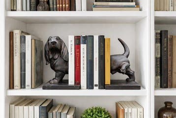 Beeld, boekensteunen van een tekkel wie zijn poot optilt -