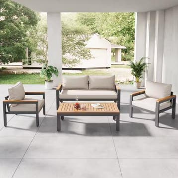Tuinmeubelset: Acacia Tafelblad, Stalen Frame, Beige Kussens, Verzenden, Nieuw
