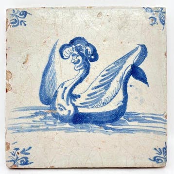 Antiek Tegel - Antieke Delftsblauwe tegel met mythologisch, Antiek en Kunst