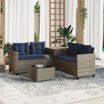 vidaXL Tuinbank met tafel en kussens L-vormig grijs poly, Tuin en Terras, Verzenden, Nieuw
