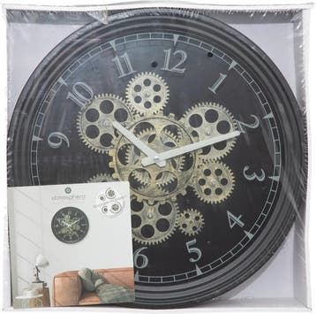 WANDKLOK METAAL MET DRAAIENDE TANDWIELEN - ZWART - DIAMETER, Ophalen of Verzenden, Zo goed als nieuw