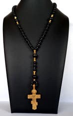 Obsidiaan - Orthodoxe rozenkrans - Gouden Byzantijns Kruis -