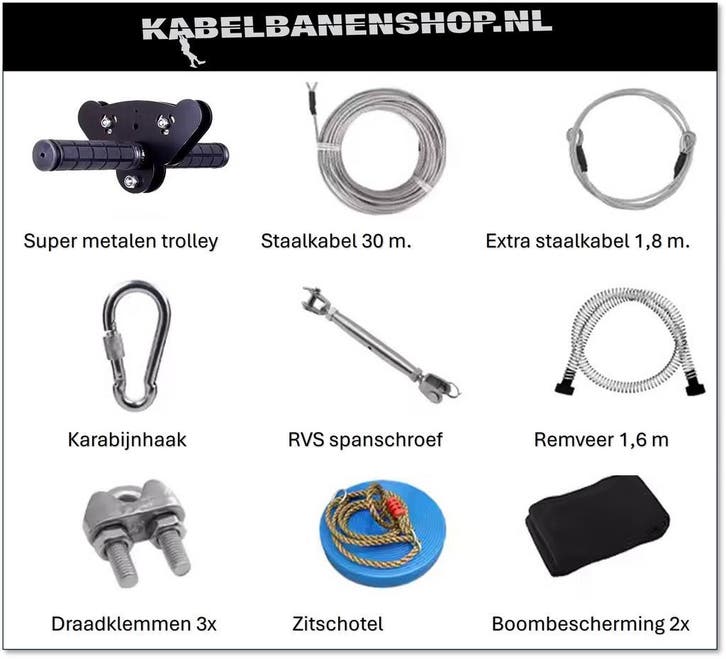 Nieuw: super complete en degelijke kabelbaanset 30 meter, Kinderen en Baby's, Speelgoed | Buiten | Speeltoestellen, Nieuw, Overige typen