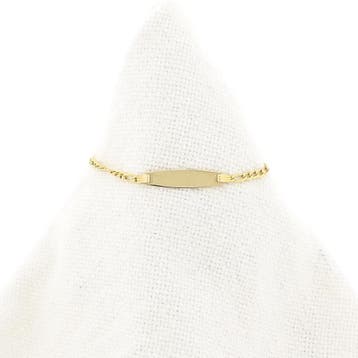 Gouden figaroschakel kinderarmband met graveerplaatje | 1..., Ophalen of Verzenden, Gebruikt, Goud, Goud