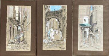Jean Perrin (XXe) - Triptyque scènes animées orientalistes, Antiek en Kunst