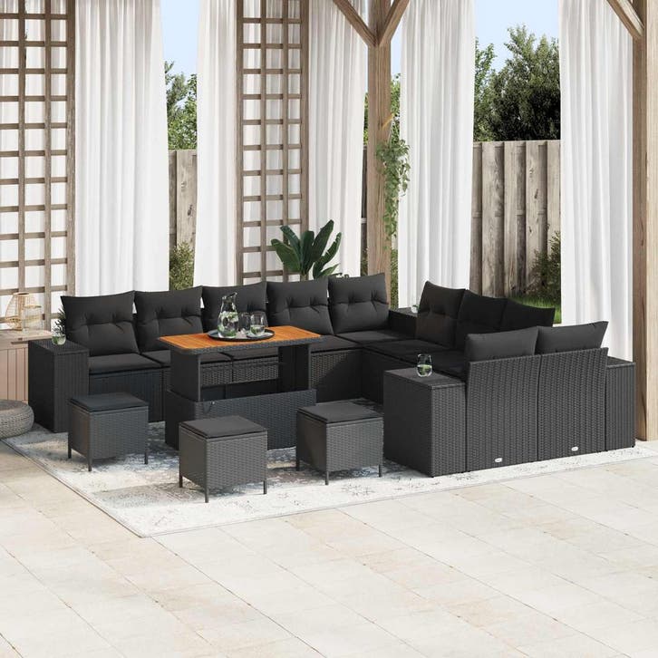 vidaXL Tuin Sofa Set met kussen 14 pcs Zwart poly rattan, Tuin en Terras, Tuinsets en Loungesets, Nieuw, 4 zitplaatsen, Rotan