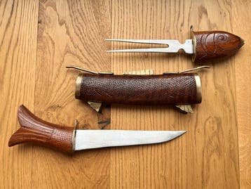 Serveerset voor vis - Hout, Messing - Mes en grote vork
