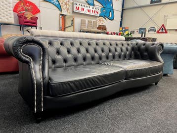 Chesterfield Maarssen ! Zwart Leren 4 Zits Chesterfield Bank, Ophalen, Chesterfield, Leer, Zo goed als nieuw