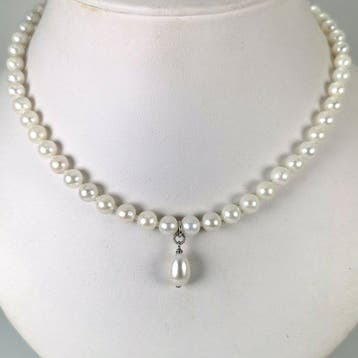 Halsketting Zilver Parel - Parel - Akoya-SSP Ø6x8 mm, Nieuw
