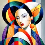 John Joseb Art glasschilderij vrouw Geisha kubisme, abstract, Huis en Inrichting, Woonaccessoires | Schilderijen, Tekeningen en Foto's
