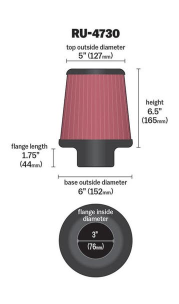 K&N Filter 3 inch Flange 6 inch Base 5 Top 6 1/2 inch Height, Ophalen of Verzenden, Nieuw