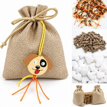 Jute zakje met gelukspoppetje Happy Dog + vulling naar keuze, Dieren en Toebehoren, Ophalen of Verzenden, Nieuw