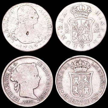 Spanje. Carlos IV, Isabel II. Lote de 2 monedas. 2 reales y