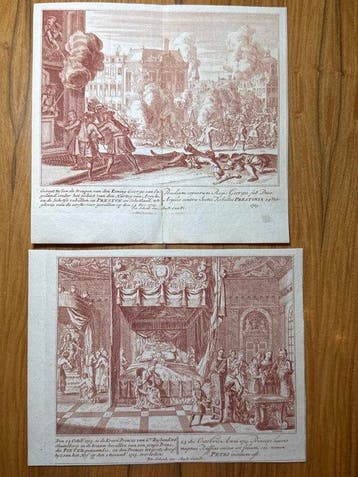 Peter Schenk - 2 antique red-toned copper engravings / Birth
