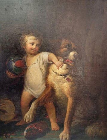 Franse school (XIX) - Retrato infantil, Niño con perro
