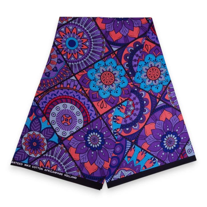 Afrikaanse print stof - Paars en lichtblauw Mandala Patchwor, Hobby en Vrije tijd, Stoffen en Lappen, Nieuw, Ophalen of Verzenden