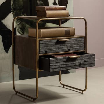 WOOOD Polite nachtkastje metaal/hout antique brass, Nieuw