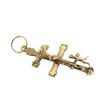 Gouden hanger van een kruis met corpus en engel, Ophalen of Verzenden, Gebruikt, Goud, Overige merken