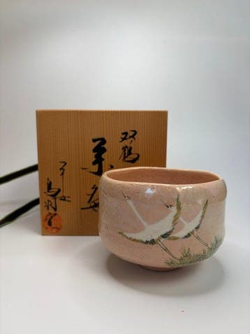 Japanse handgeschilderde chawan – dubbele kraanvogel
